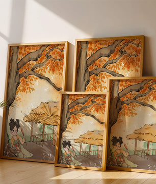 Escena de otoño con ilustración en estilo asiático tradicional