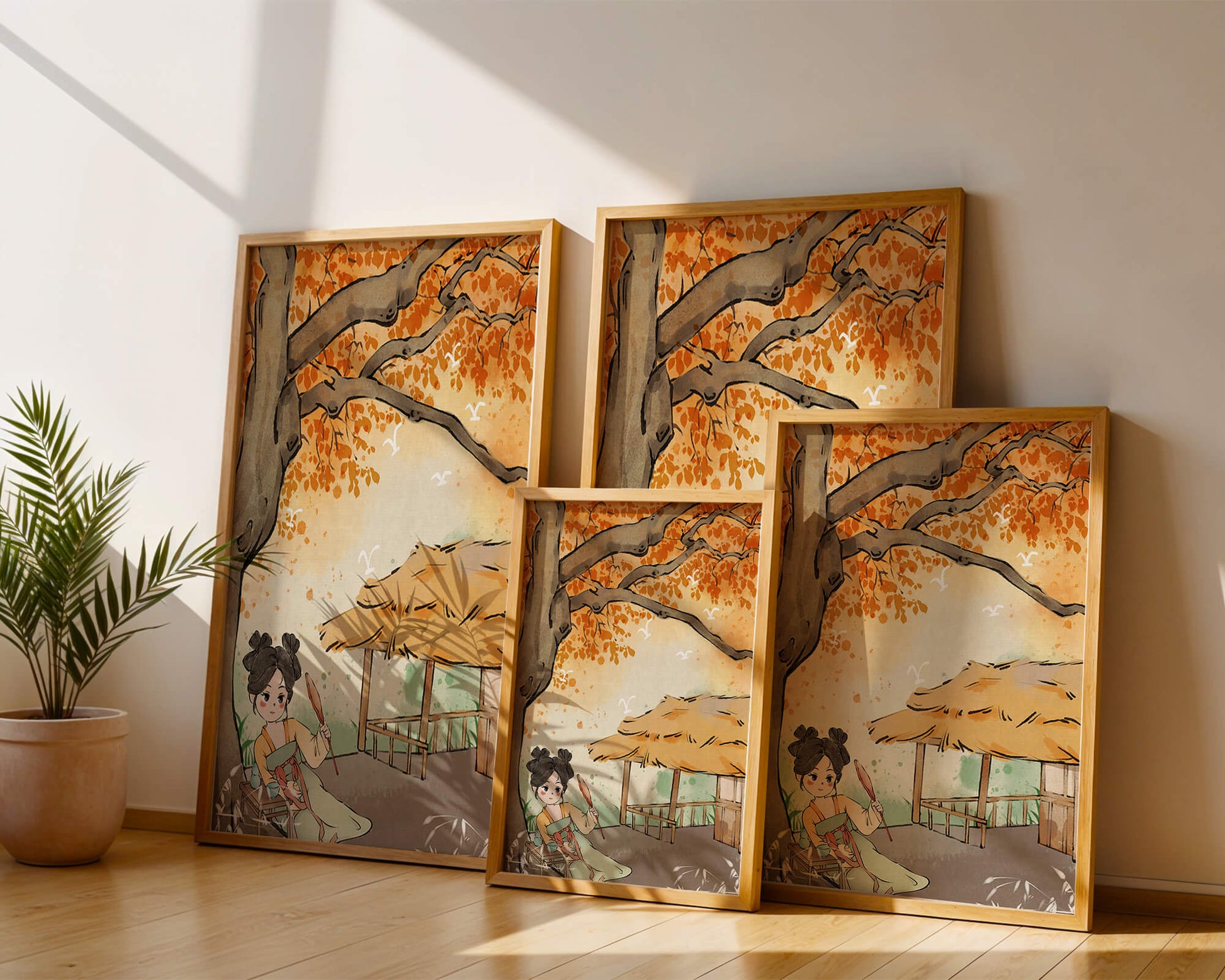 Escena de otoño con ilustración en estilo asiático tradicional