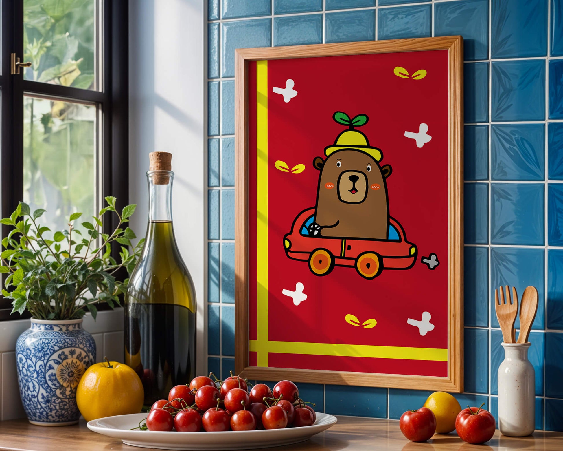 Whimsical bear driving a car on a bright red background