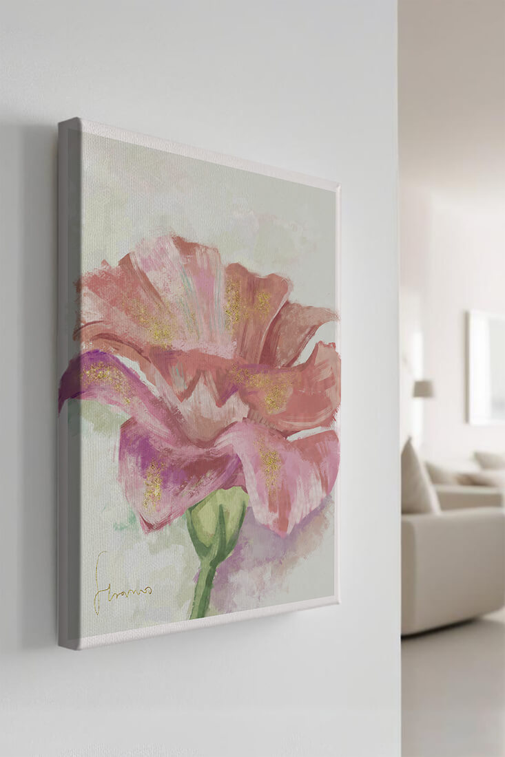 Beautiful pink flower painting with golden accents
