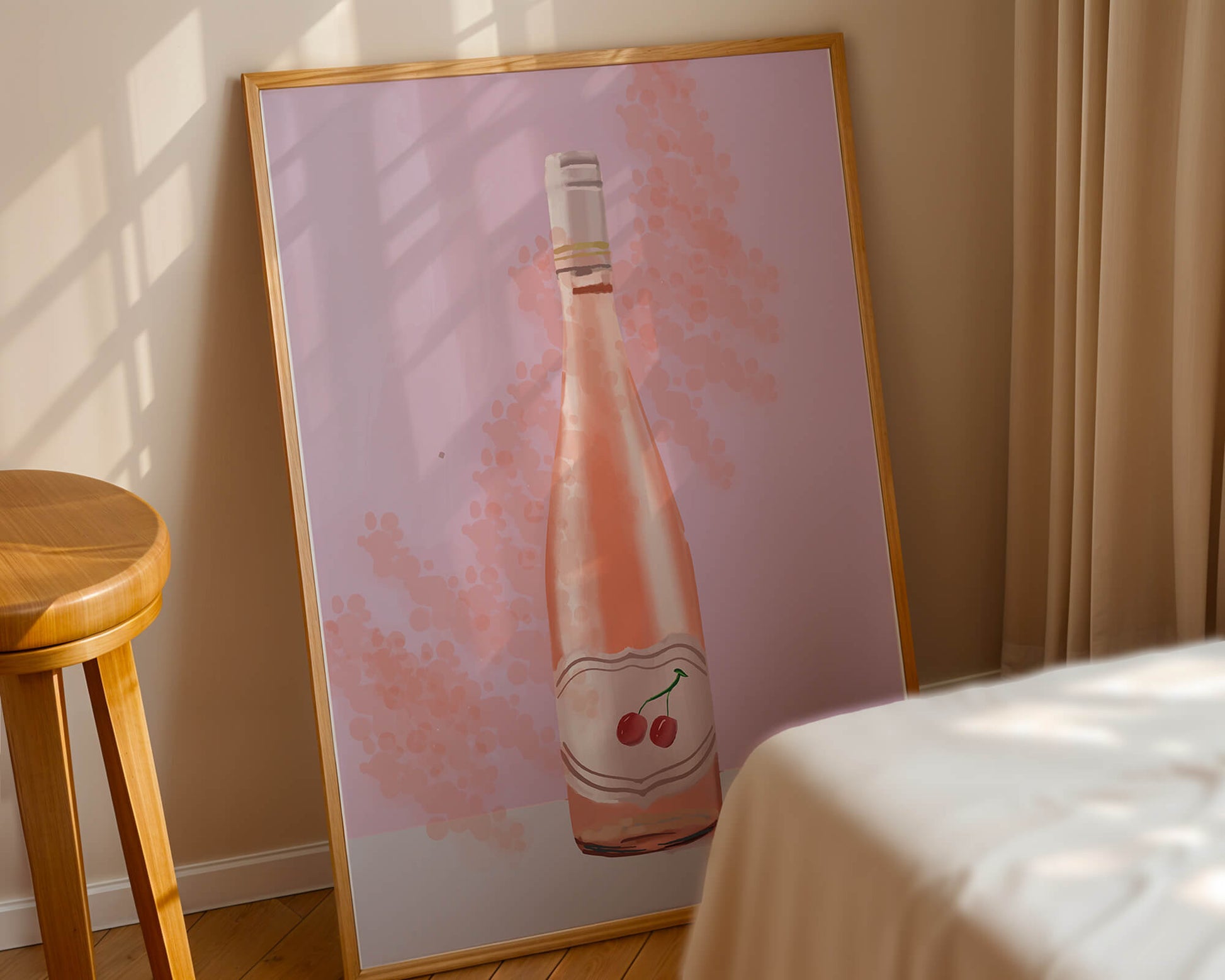 Illustrated wine bottle with a cherry label on pink background