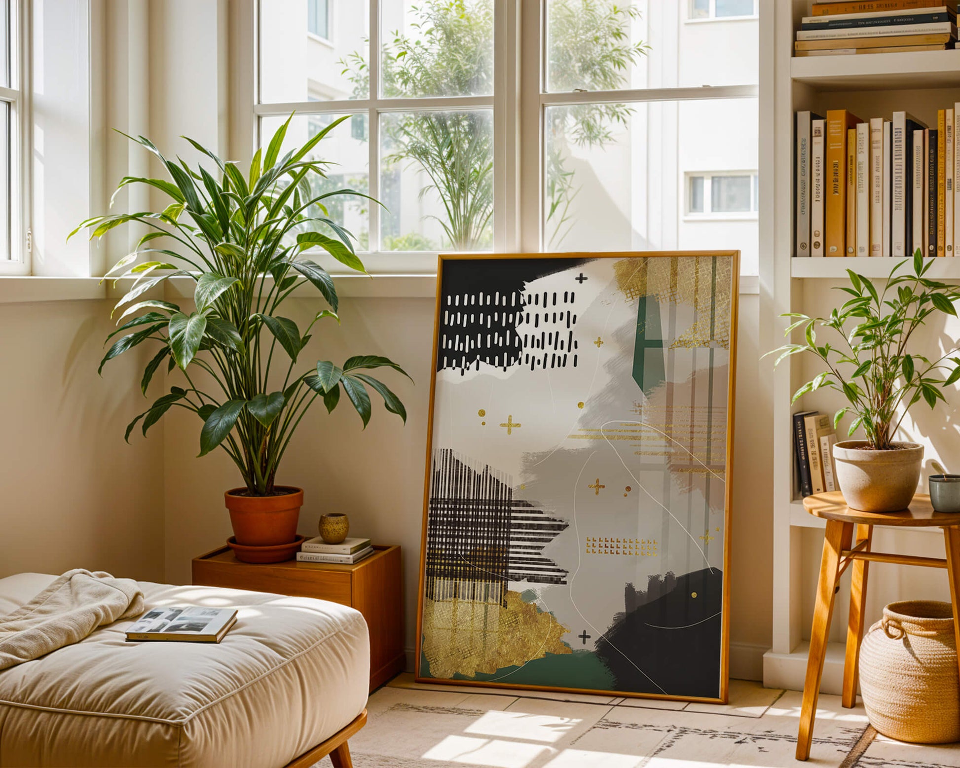 Abstract mixed media art with gold and geometric patterns