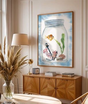 Watercolor illustration of marine life in a jar with a clownfish