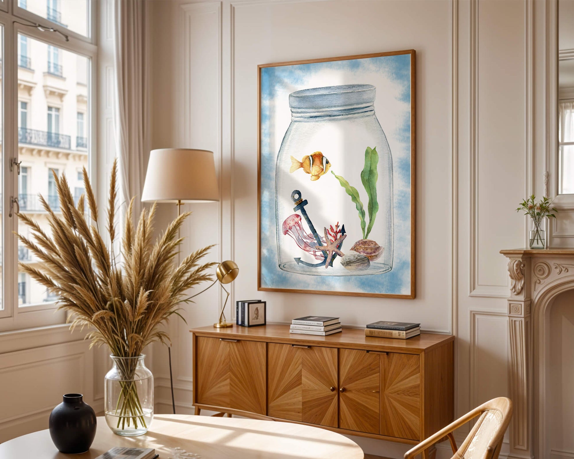 Watercolor illustration of marine life in a jar with a clownfish