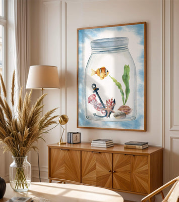 Watercolor illustration of marine life in a jar with a clownfish