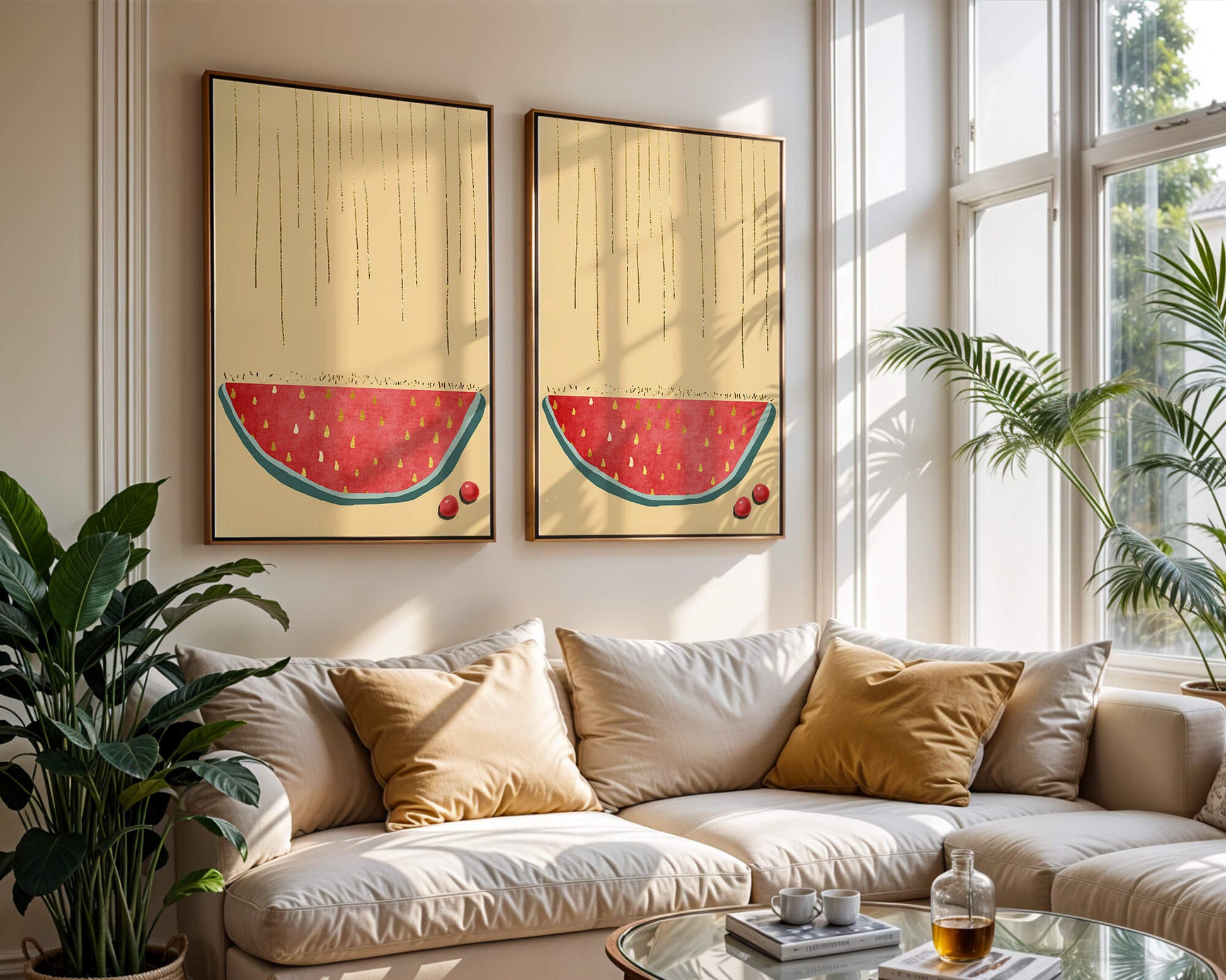 Abstract Watermelon Slice with Gold Accents on Minimalist Background