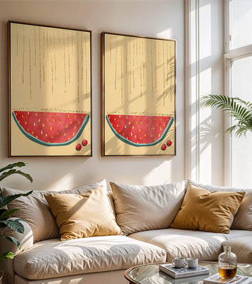 Abstract Watermelon Slice with Gold Accents on Minimalist Background