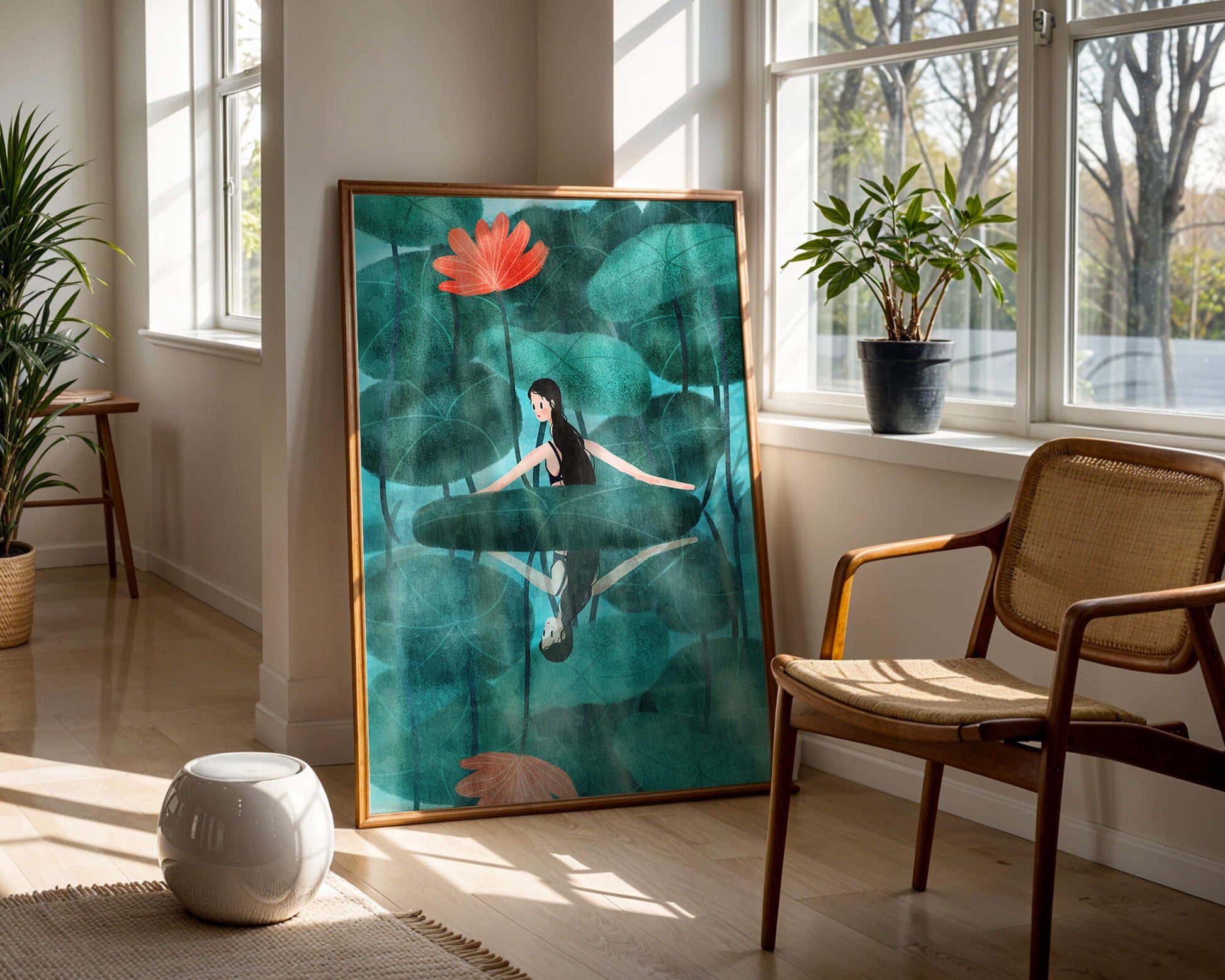 Woman Reflecting among Lotus Leaves and Flowers with a Mirror Image