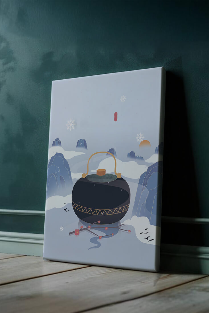 Peaceful winter landscape with kettle and cherry blossoms