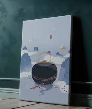 Peaceful winter landscape with kettle and cherry blossoms