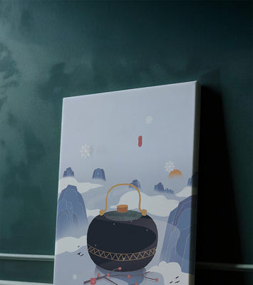 Peaceful winter landscape with kettle and cherry blossoms