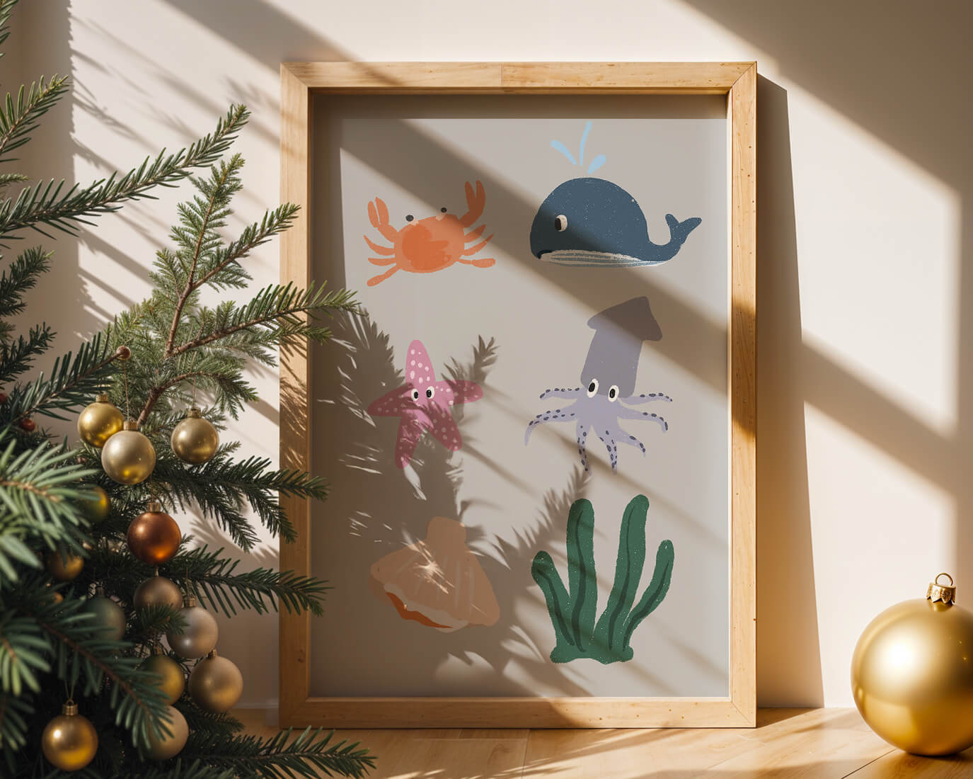 Illustration of whimsical sea creatures and marine elements on a grey background