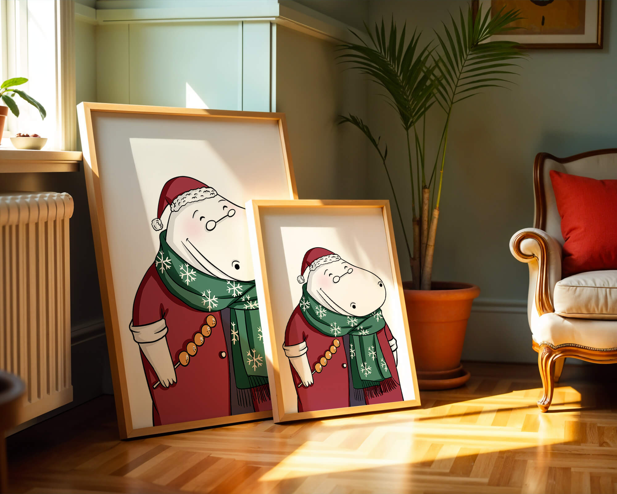 Festive hippo in a red outfit with a green snowflake scarf