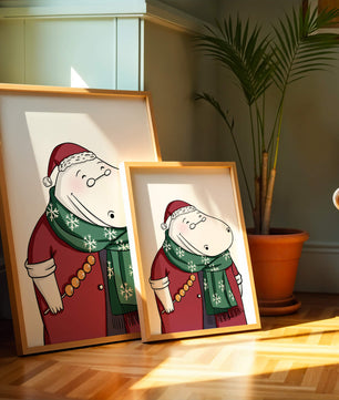 Festive hippo in a red outfit with a green snowflake scarf