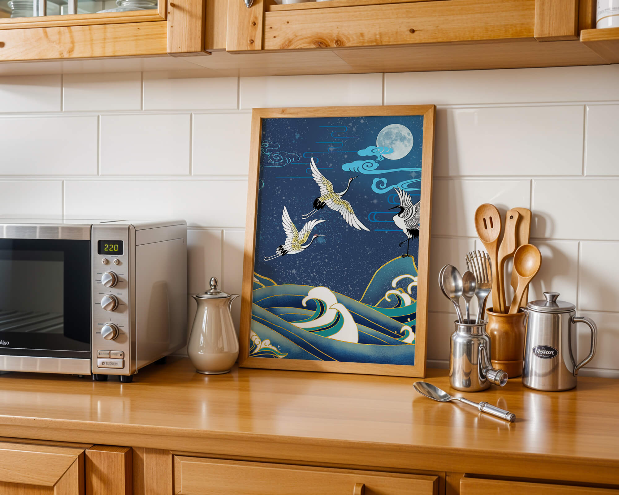 A Serene Night Scene with Cranes and Waves in Traditional Japanese Art Style