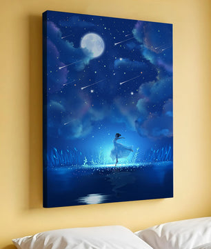 Cielo nocturno soñador con figura danzante y luz de luna brillante