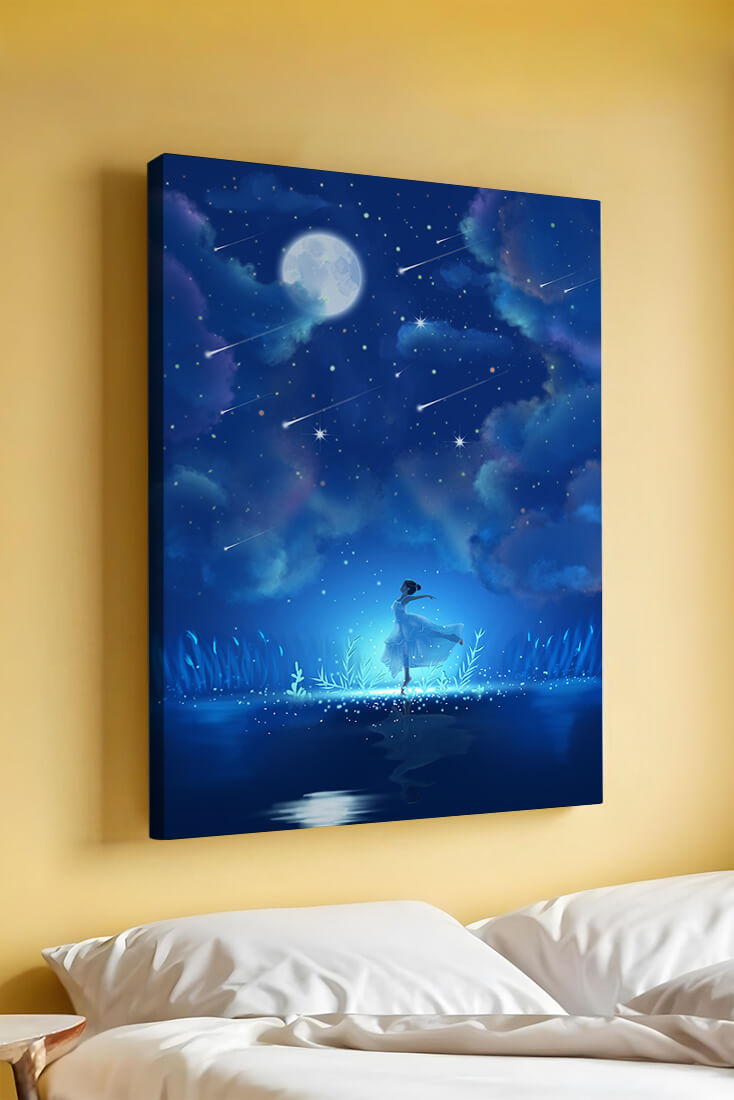 Cielo nocturno soñador con figura danzante y luz de luna brillante