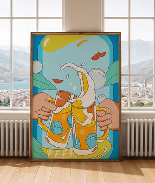 Colorful Illustration of Two Clinking Beer Mugs with Ice Cubes and Citrus Slices