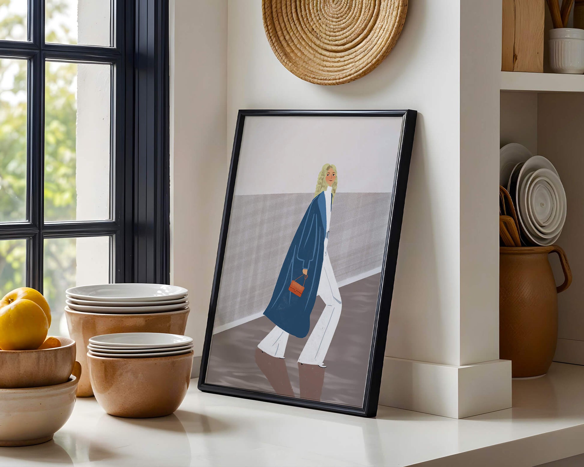 Fashionable Woman in Long Blue Coat Walking Along Corridor with Orange Handbag