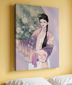 Elegant Asian Woman in Traditional Attire with Floral Background - Mi tienda