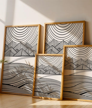 Abstract Black and White Geometric Landscape with Line Art