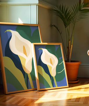 Ilustración floral abstracta con fondo verde y azul