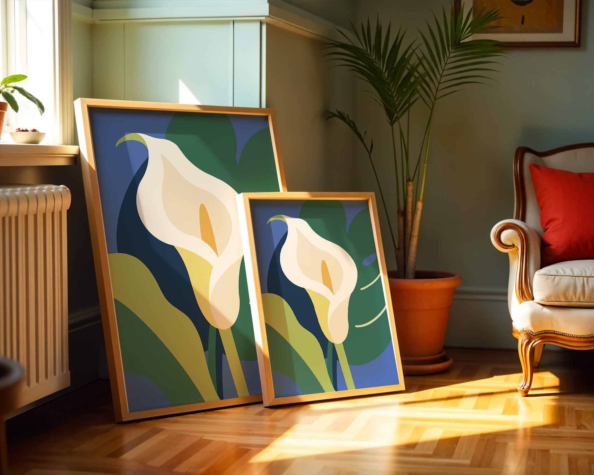 Ilustración floral abstracta con fondo verde y azul