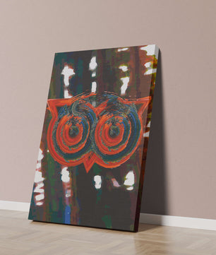Abstract artwork featuring colorful geometric owl design