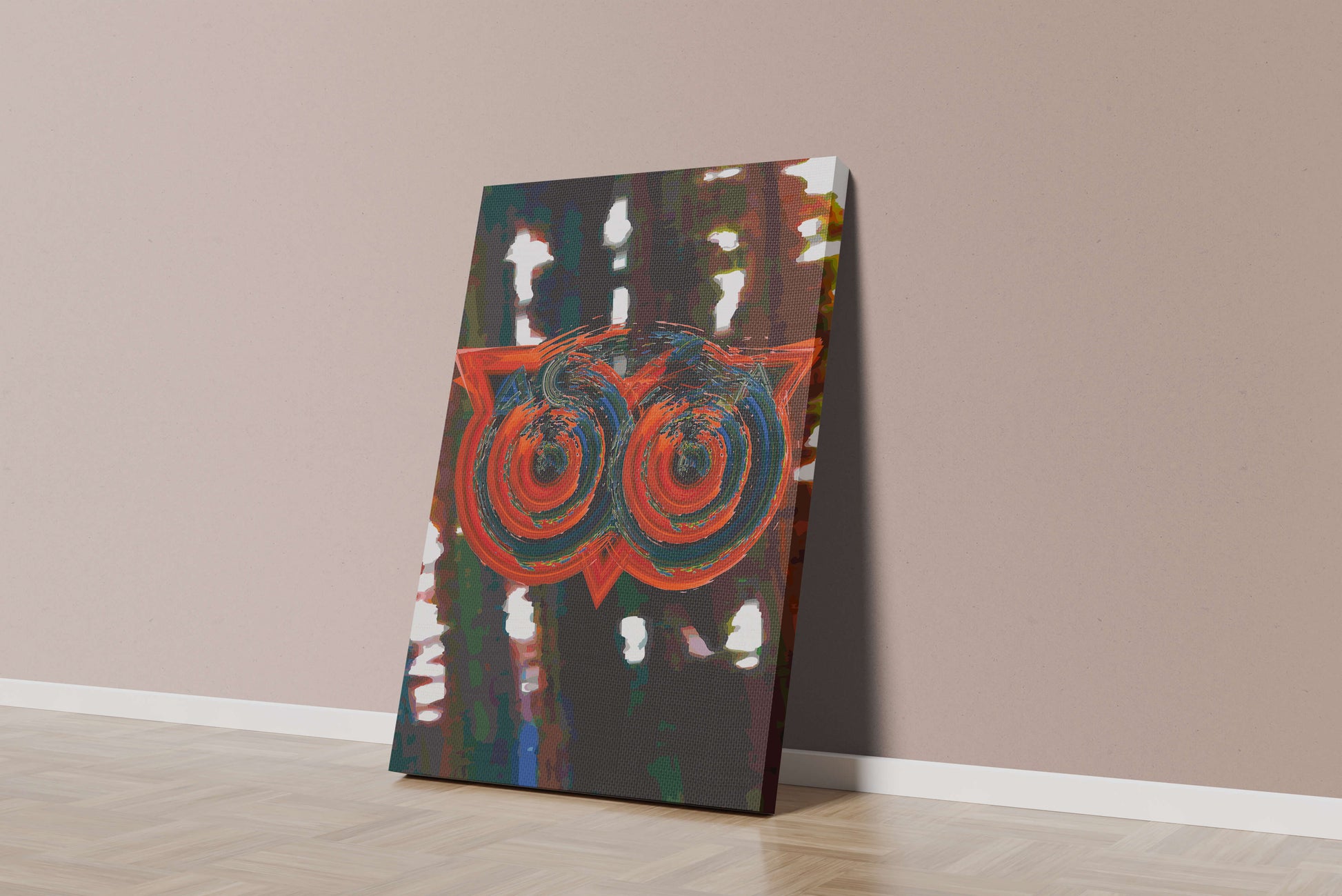 Abstract artwork featuring colorful geometric owl design