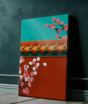 Arquitectura asiática tradicional con cerezos en flor