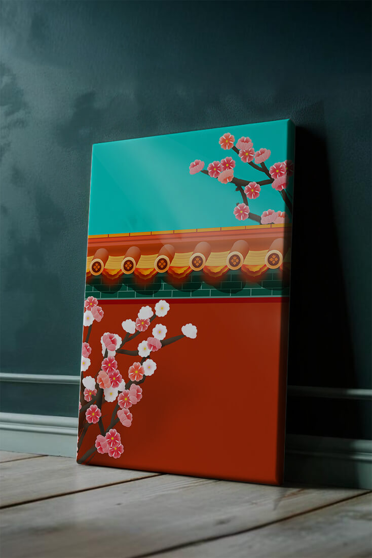 Traditional Asian architecture with cherry blossoms