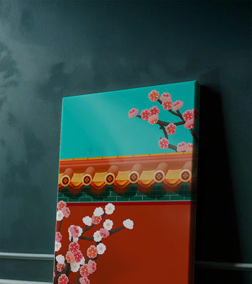 Traditional Asian architecture with cherry blossoms