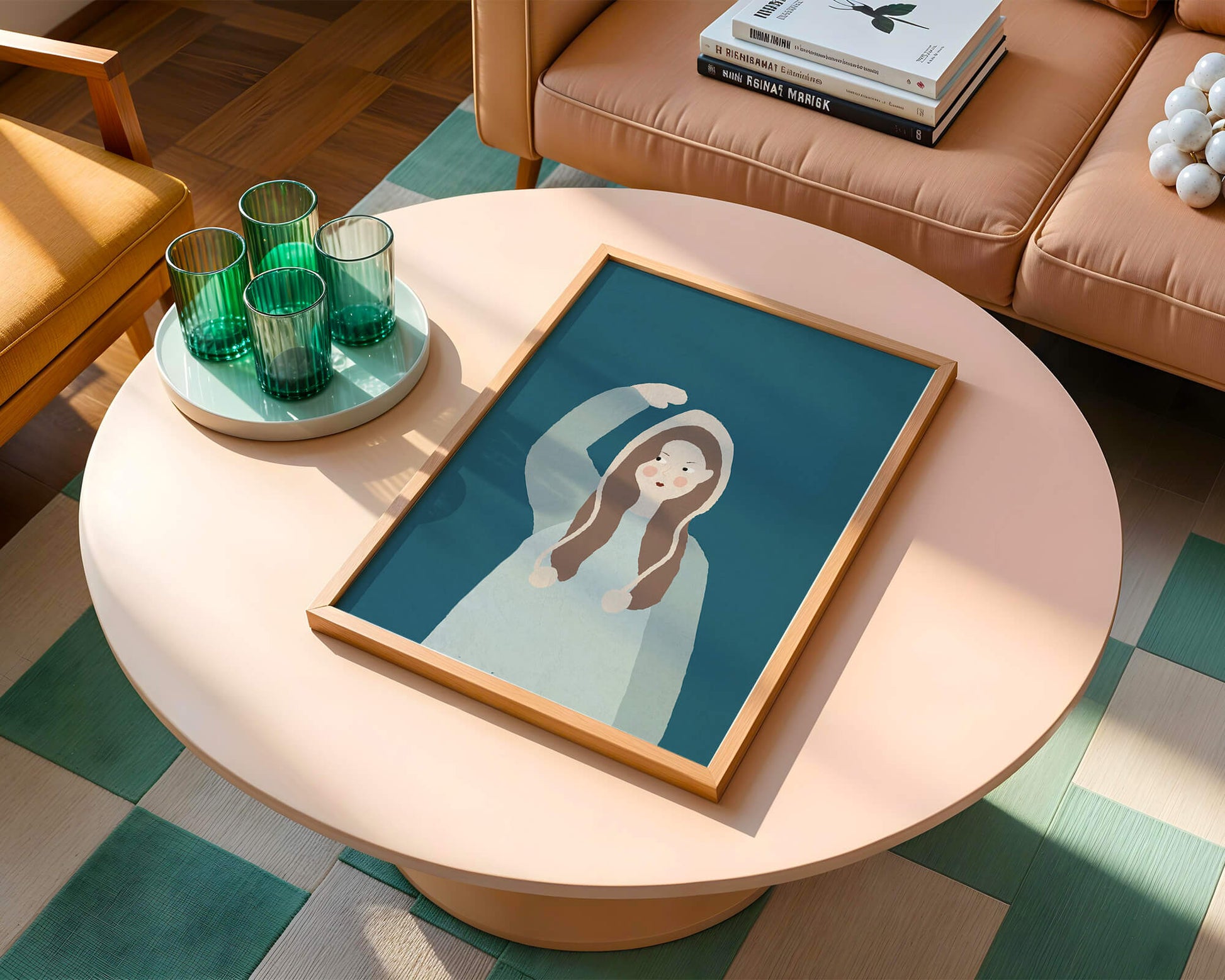 Illustrated girl with hoodie on teal background