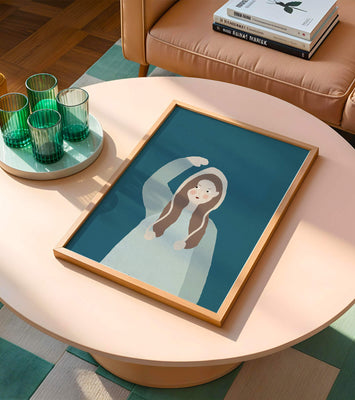 Illustrated girl with hoodie on teal background