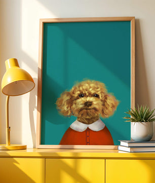 Portrait de caniche charmant en tenue de fête sur fond turquoise