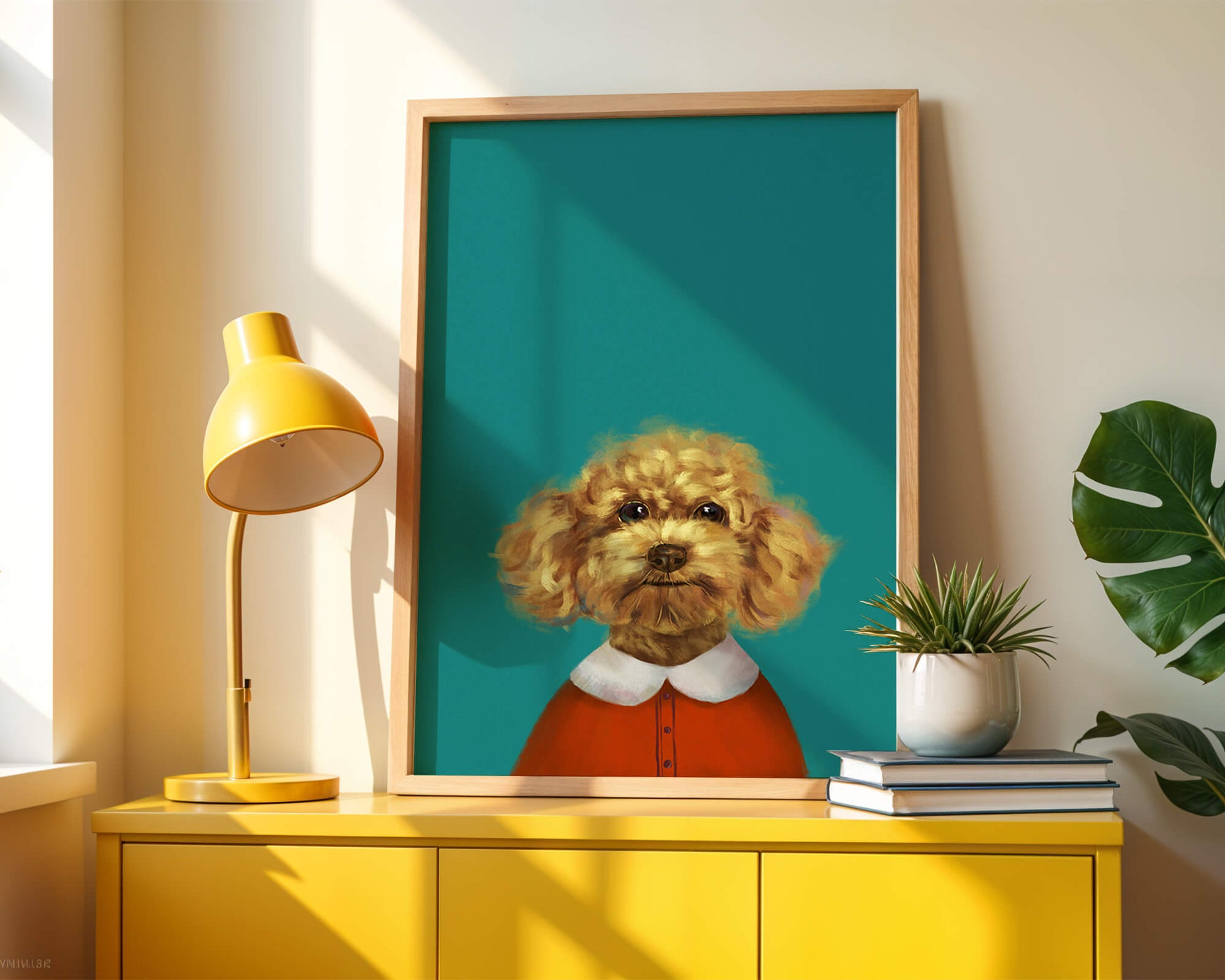 Portrait de caniche charmant en tenue de fête sur fond turquoise