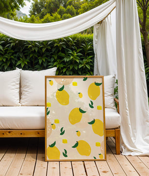 Playful lemon pattern with green leaves and abstract shapes