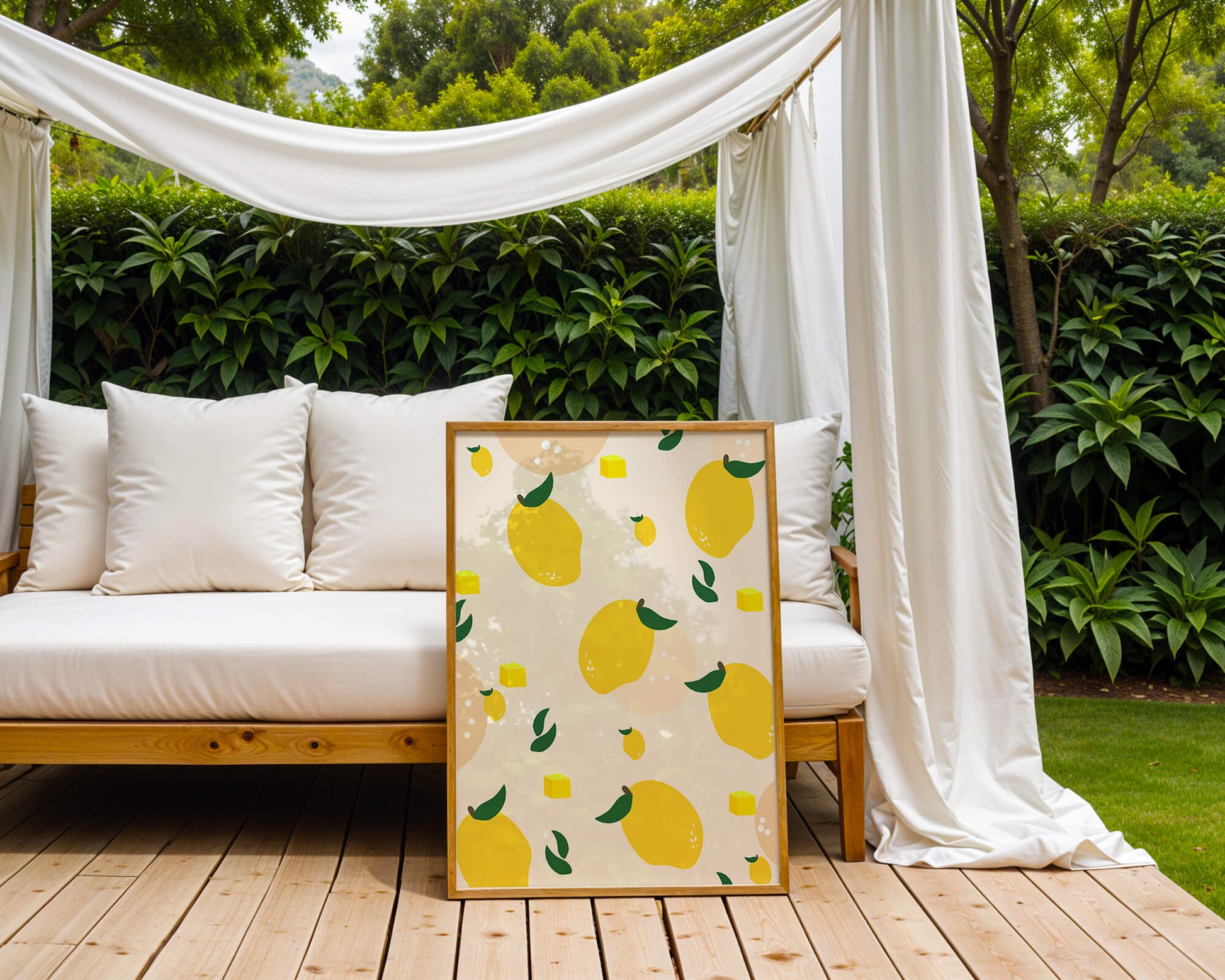 Playful lemon pattern with green leaves and abstract shapes