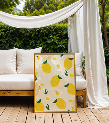 Playful lemon pattern with green leaves and abstract shapes