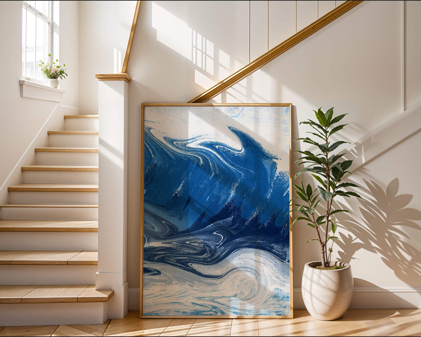 Abstract blue and white ocean wave painting with swirling patterns