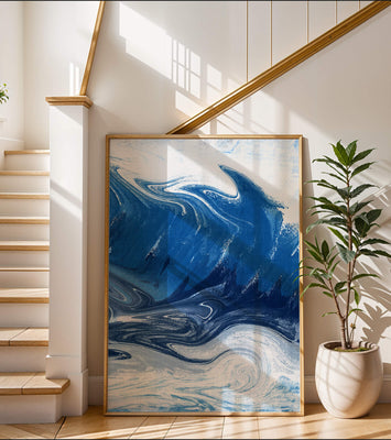 Abstract blue and white ocean wave painting with swirling patterns