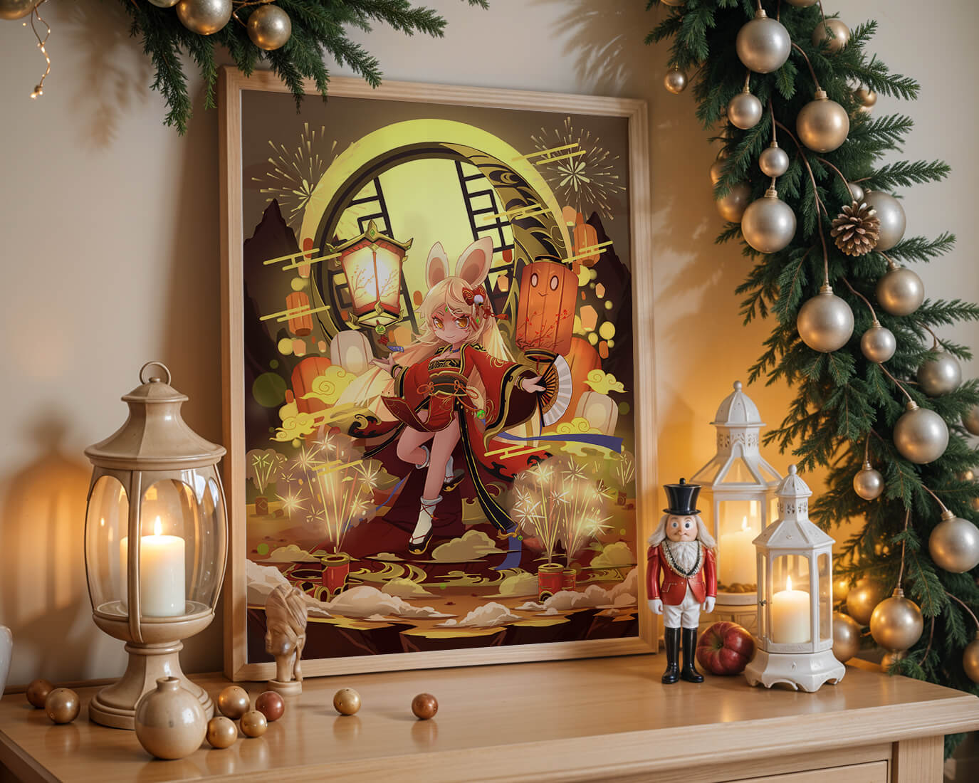 Festive celebration with a lantern-carrying character amidst fireworks and moonlight