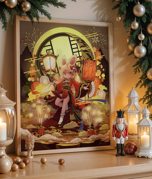 Festive celebration with a lantern-carrying character amidst fireworks and moonlight