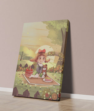 Whimsical picnic scene with a young girl and teddy bear under sunset in vibrant meadow