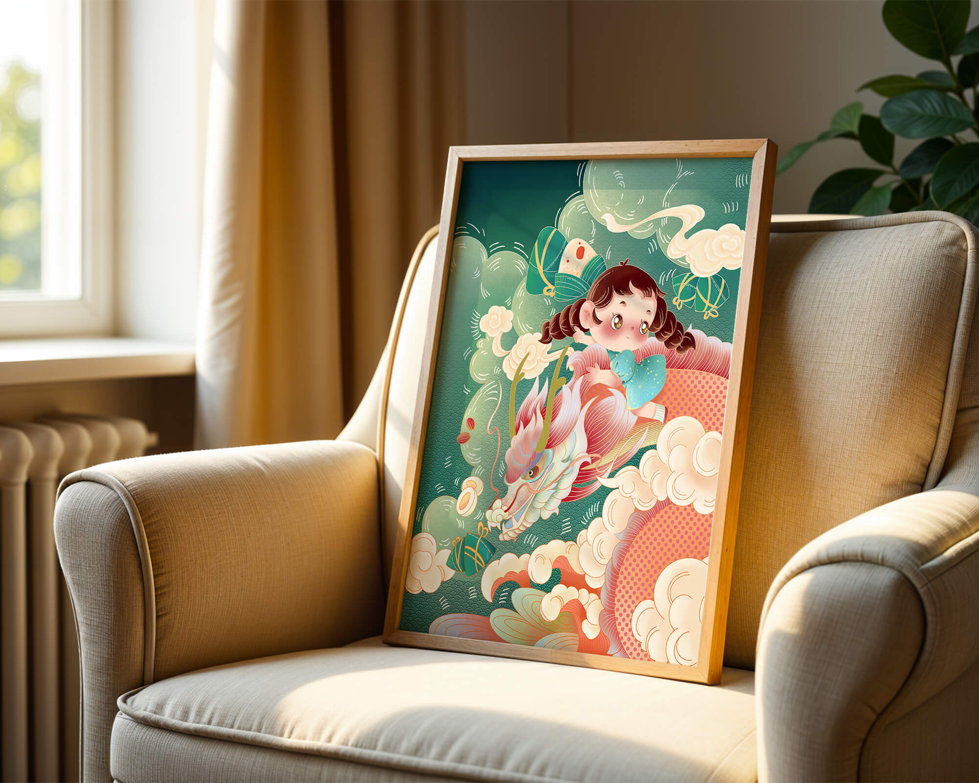 Whimsical scene of a girl riding a dragon through clouds