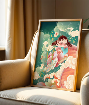 Whimsical scene of a girl riding a dragon through clouds