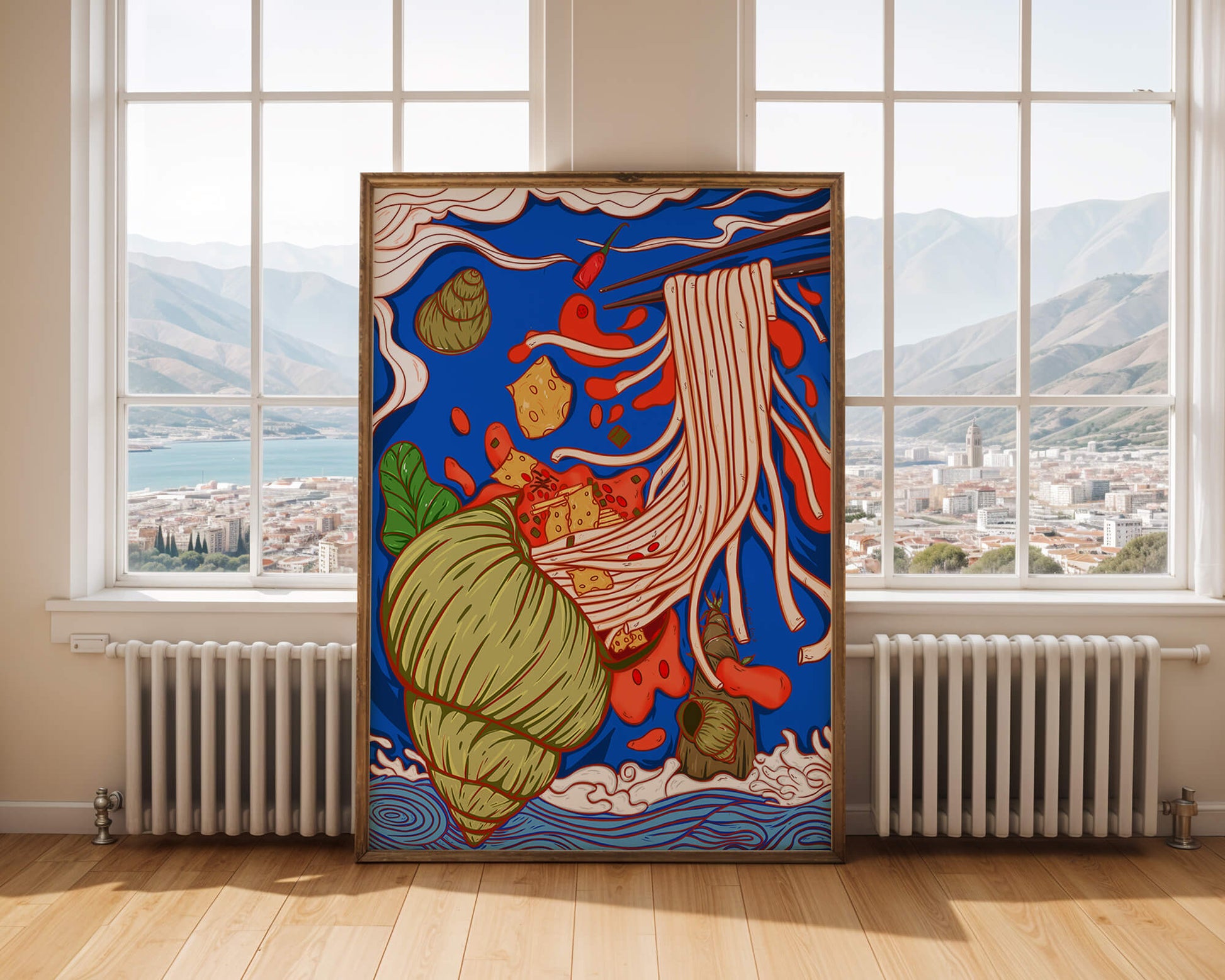 Ilustración intrincada de fideos con colores vibrantes y elementos detallados