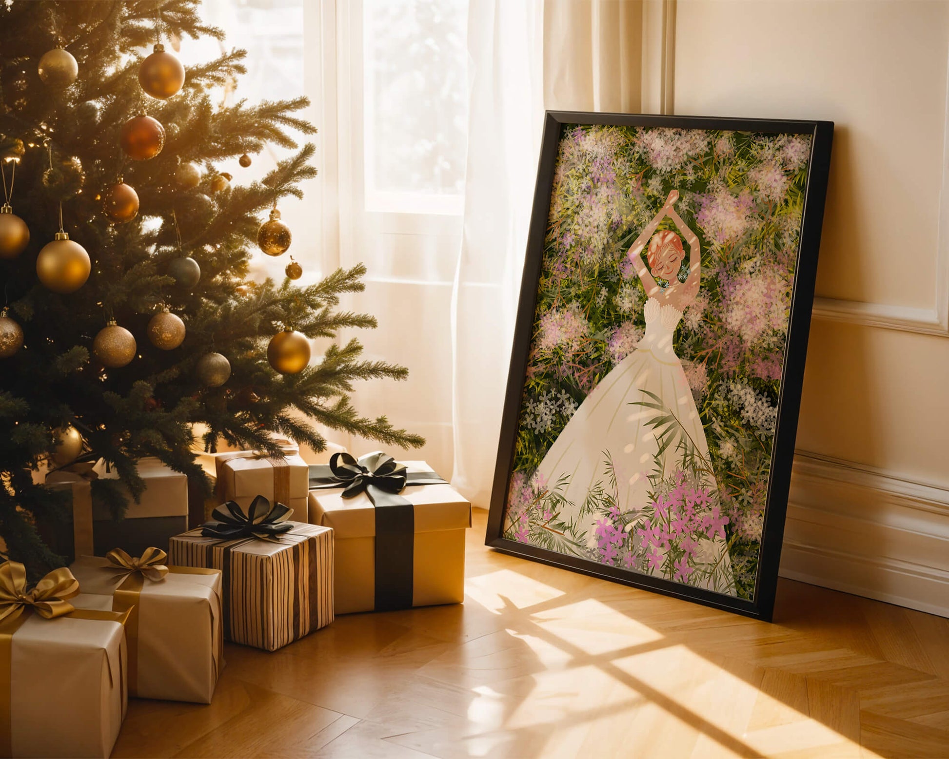 Woman in white dress lying among flowers in a garden