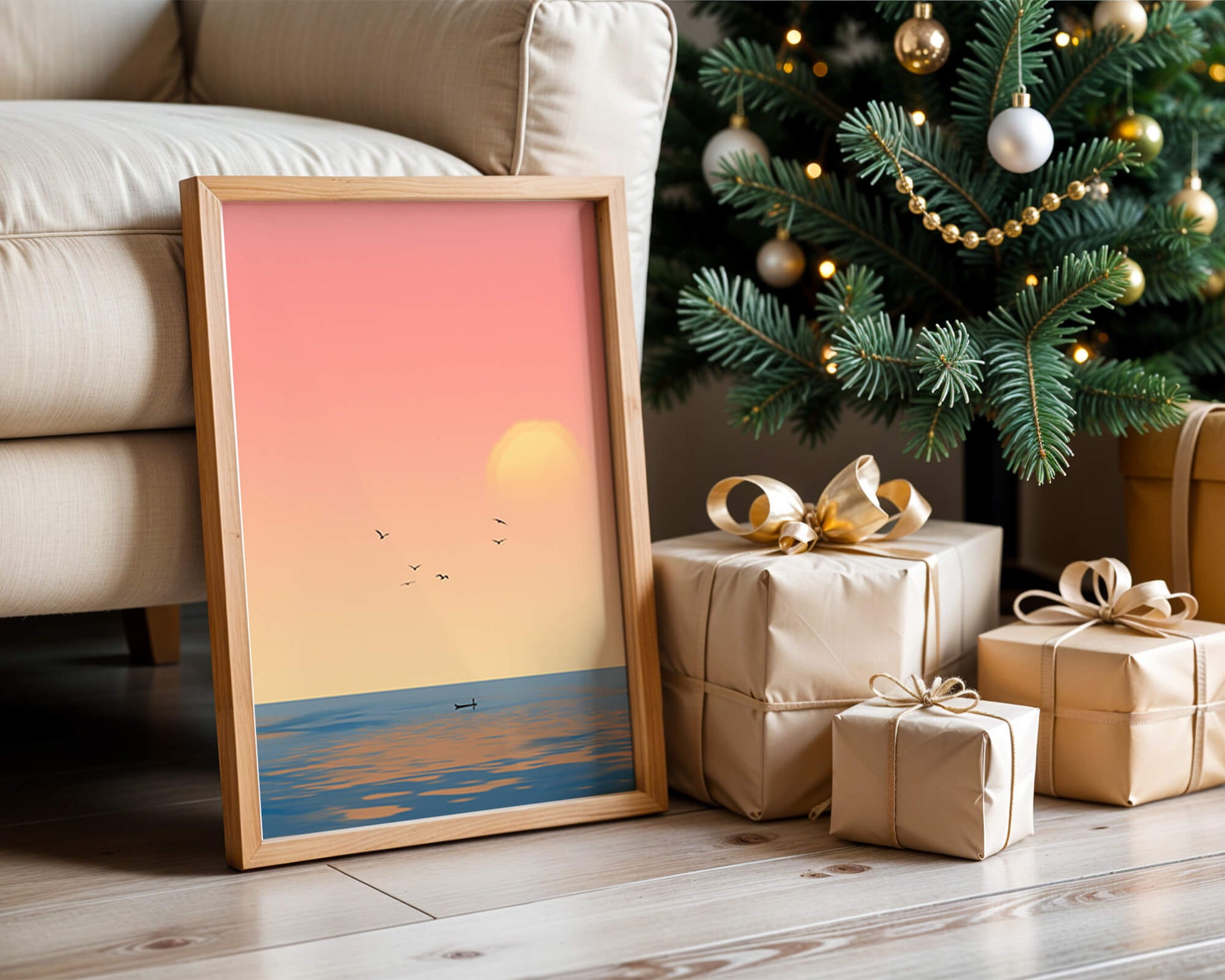 Tranquille coucher de soleil sur l'océan calme avec des oiseaux dans le ciel