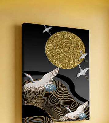 Elegant Cranes Soaring under a Golden Sun